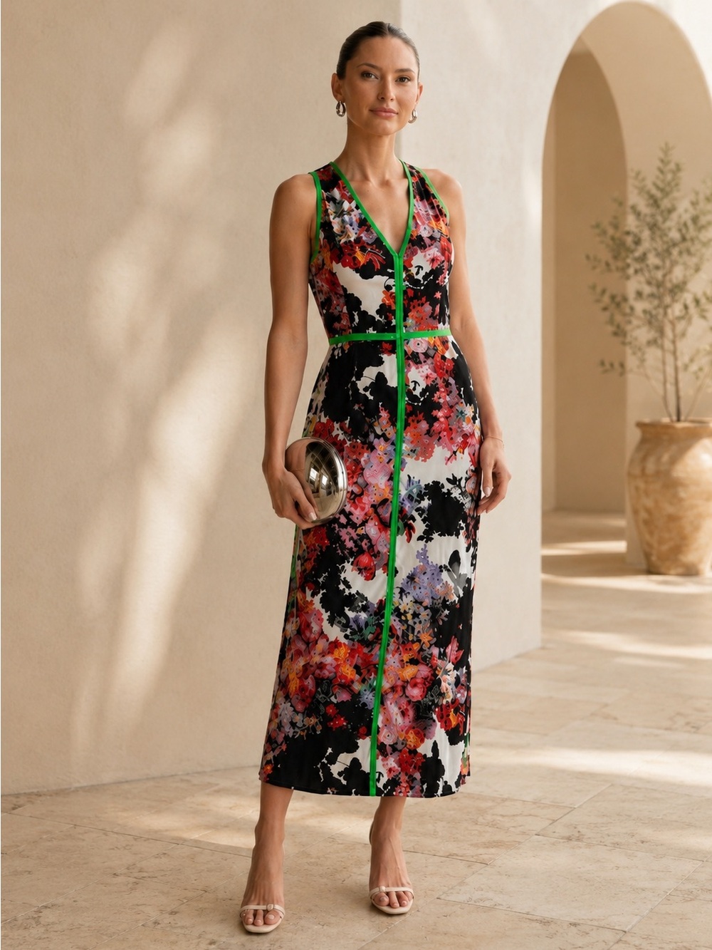 NEIMAN MARCUS Dress Floral Print Midi with Green Trim wedding guest summer